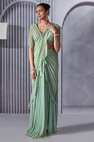 Pistachio Crepe Chiffon Pre-Draped Ruffle Saree Set by Pritika Vora
