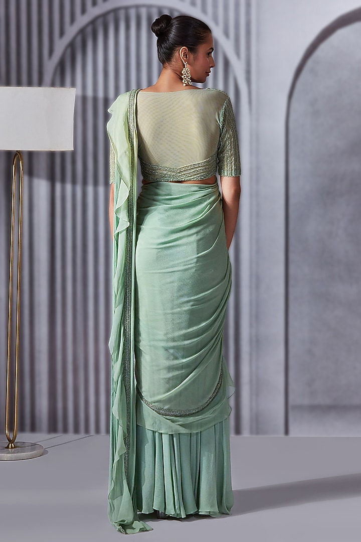 Pistachio Crepe Chiffon Pre-Draped Ruffle Wedding Saree Set by Pritika Vora at Pernia's Pop Up Shop