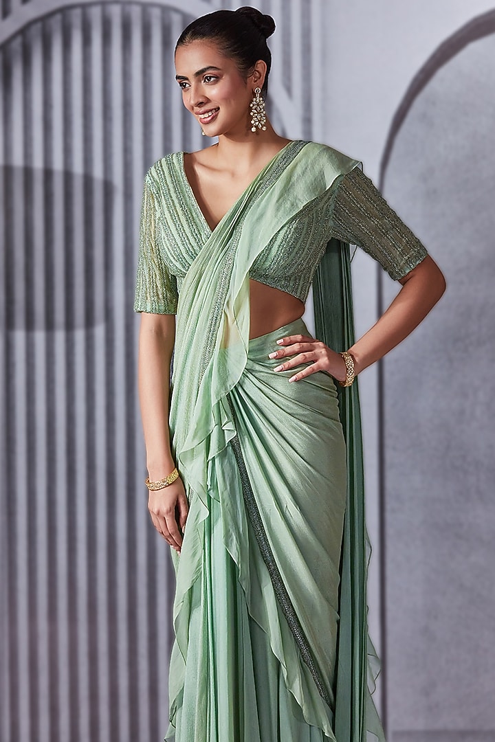 Pistachio Crepe Chiffon Pre-Draped Ruffle Wedding Saree Set by Pritika Vora at Pernia's Pop Up Shop