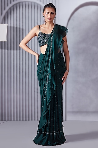 Forest Green Georgette & Organza Silk Ruffled Saree Set by Pritika Vora