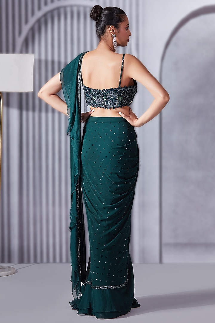 Forest Green Georgette & Organza Silk Ruffled Wedding Saree Set by Pritika Vora at Pernia's Pop Up Shop