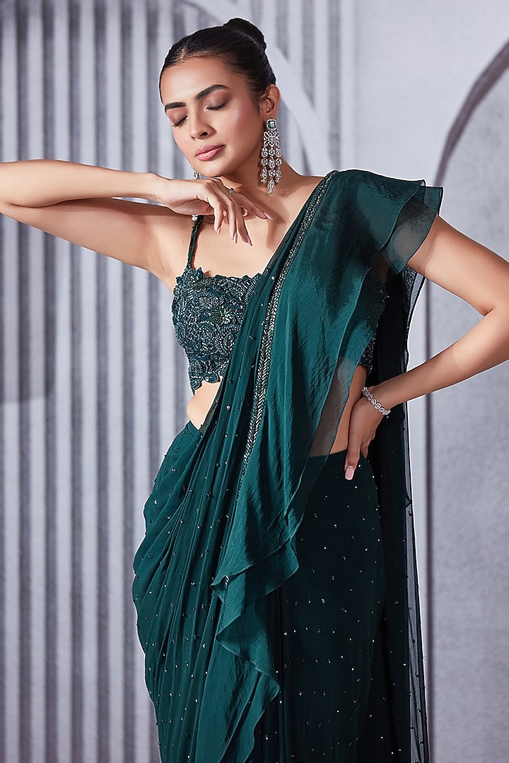 Forest Green Georgette & Organza Silk Ruffled Wedding Saree Set by Pritika Vora at Pernia's Pop Up Shop