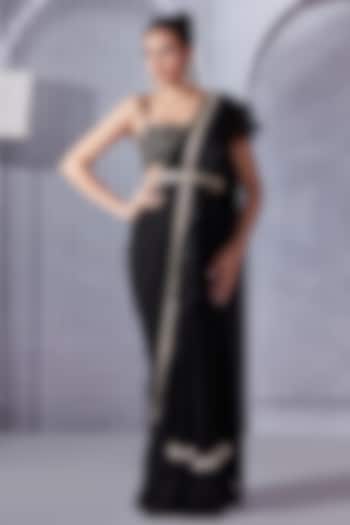 Black Georgette & Organza Silk Ruffled Saree Set by Pritika Vora