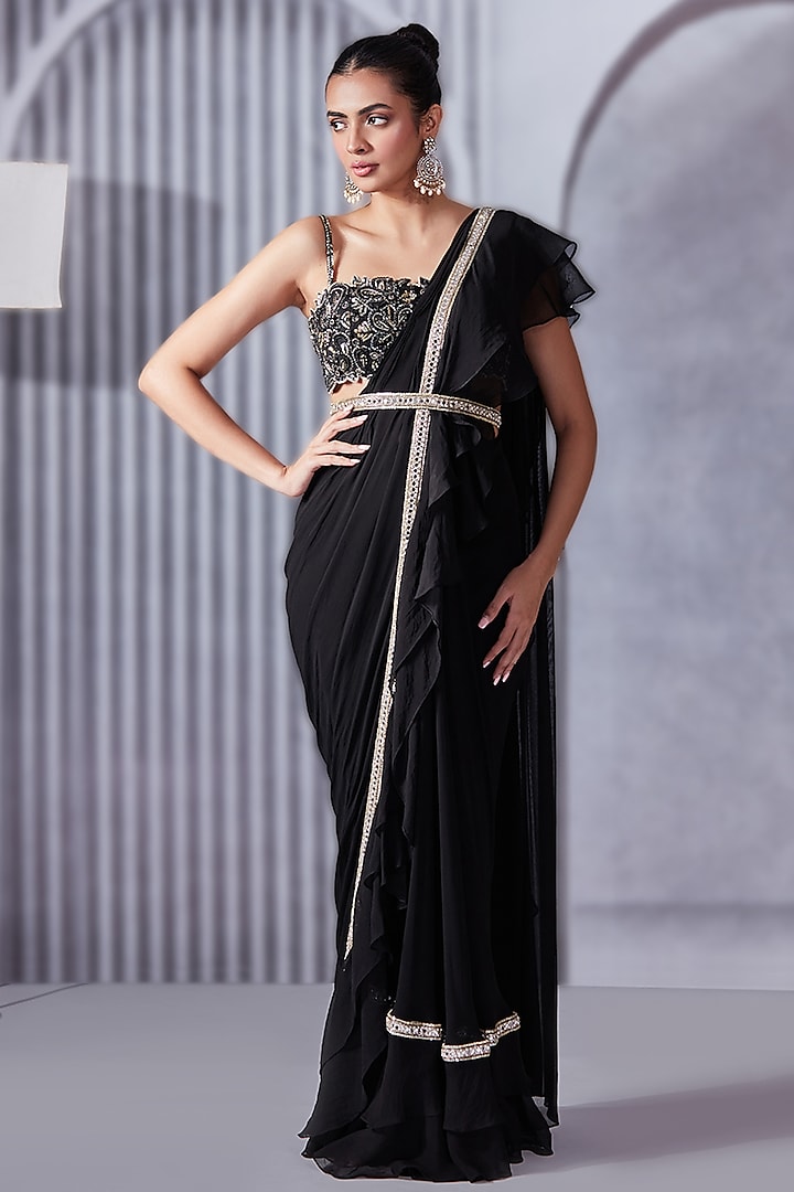 Black Georgette & Organza Silk Ruffled Saree Set by Pritika Vora