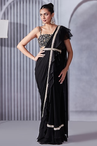 Black Georgette & Organza Silk Ruffled Saree Set by Pritika Vora