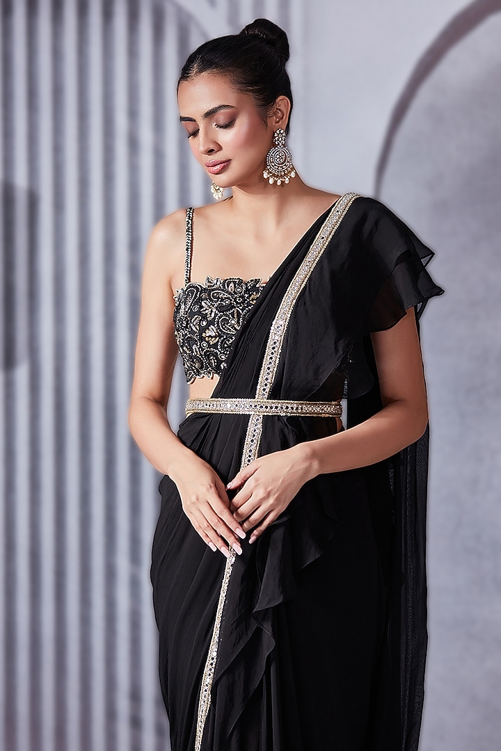 Black Georgette & Organza Silk Ruffled Wedding Saree Set by Pritika Vora at Pernia's Pop Up Shop