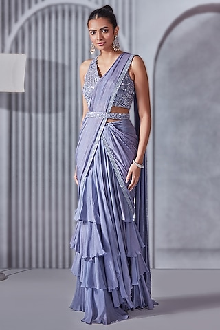 Periwinkle Crepe Chiffon Layered Saree Set by Pritika Vora