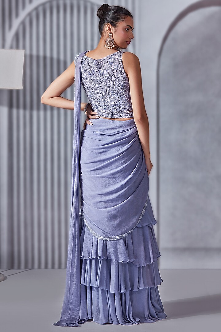 Periwinkle Crepe Chiffon Layered Wedding Saree Set by Pritika Vora at Pernia's Pop Up Shop