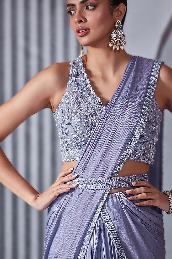 Periwinkle Crepe Chiffon Layered Wedding Saree Set by Pritika Vora at Pernia's Pop Up Shop