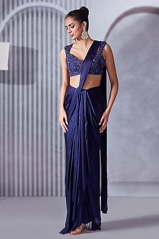 Indigo Satin Dhoti Skirt Saree Set by Pritika Vora