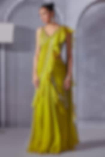 Lime Green Georgette & Organza Silk Ruffled Saree Set by Pritika Vora