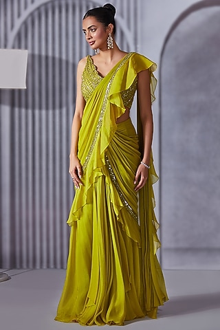 Lime Green Georgette & Organza Silk Ruffled Saree Set by Pritika Vora