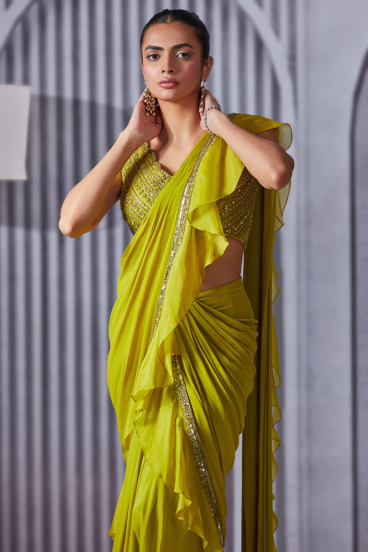 Lime Green Ombre Dyed Soft Georgette Saree