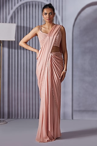 Onion Pink Crepe Chiffon Pearl Embroidered Pre-Draped Saree Set by Pritika Vora
