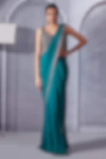 Turquoise Georgette Pre-Draped Saree Set by Pritika Vora