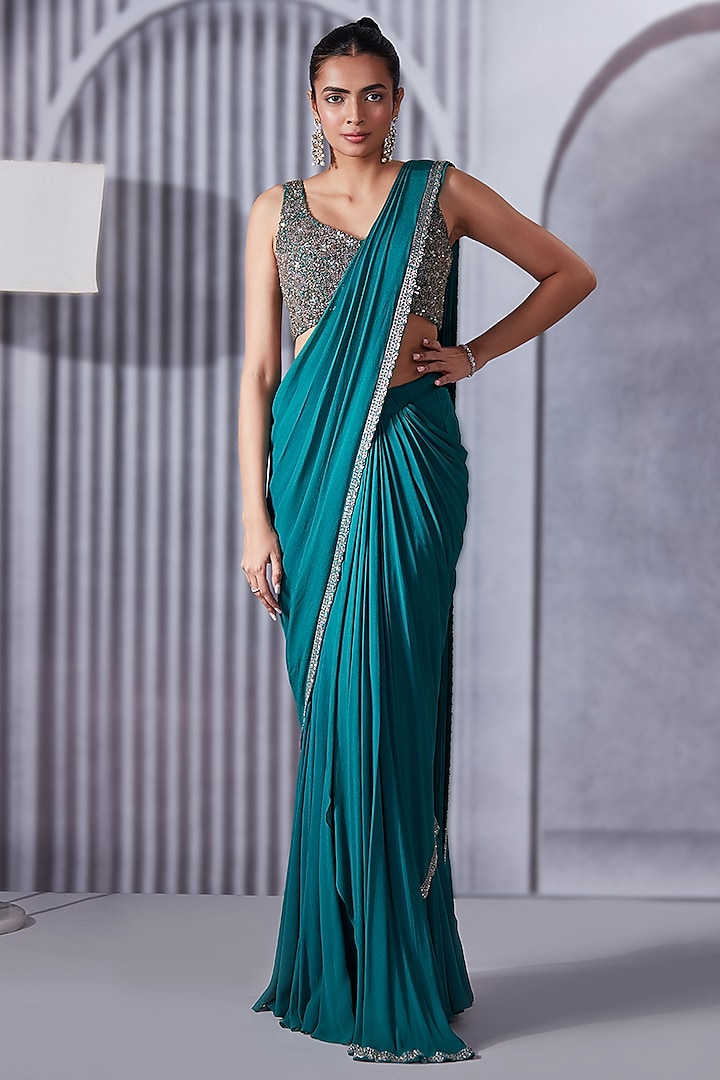 Turquoise Georgette Pre-Draped Saree Set by Pritika Vora