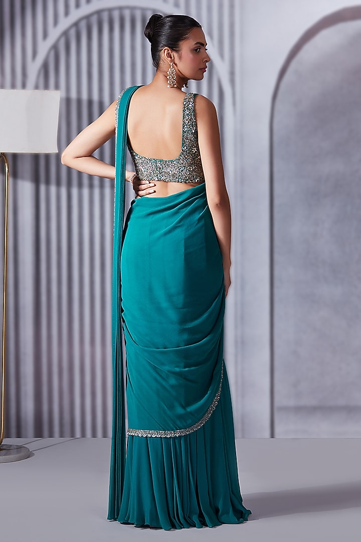 Turquoise Georgette Pre-Draped Wedding Saree Set by Pritika Vora at Pernia's Pop Up Shop