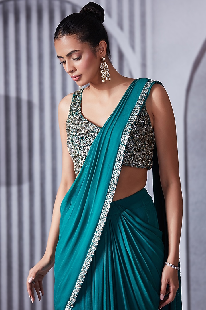 Turquoise Georgette Pre-Draped Wedding Saree Set by Pritika Vora at Pernia's Pop Up Shop