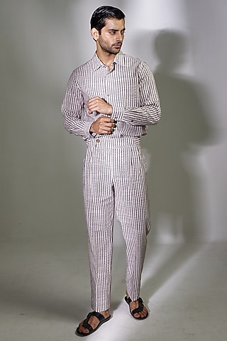 White Linen Striped Co-Ord Set by PUNEET KAPOOR LABEL