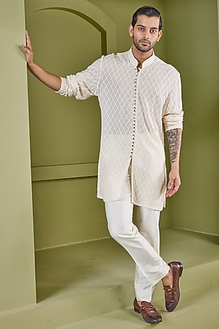 Cream Weave Cotton Printed Kurta Set by PUNEET KAPOOR LABEL