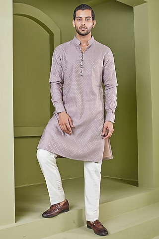 Pink Brocade Cotton Embroidered Kurta Set by PUNEET KAPOOR LABEL