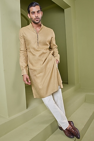 Mustard Brocade Cotton Embroidered Kurta Set by PUNEET KAPOOR LABEL