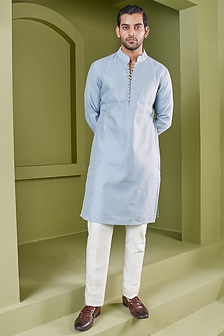 Powder Blue Texture Kurta Set by PUNEET KAPOOR LABEL