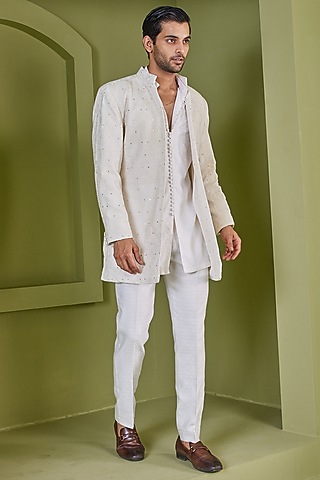 White Texture Cotton Imported Indowestern Set by PUNEET KAPOOR LABEL