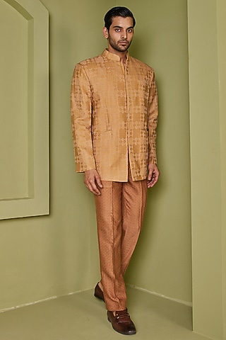 Mustard Yellow Moonga Silk Embroidered Bandhgala Set by PUNEET KAPOOR LABEL