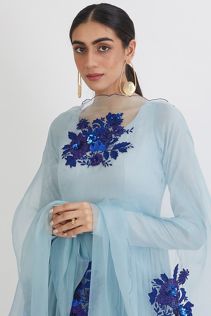 Powder Blue Hand Embroidered Anarkali Set by Peeli Dori at Pernia's Pop Up Shop