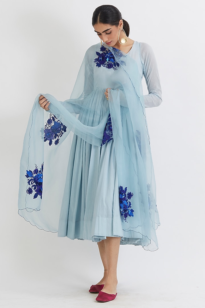 Powder Blue Hand Embroidered Anarkali Set by Peeli Dori at Pernia's Pop Up Shop