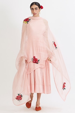 Pastel Pink Hand Embroidered Anarkali Set by Peeli Dori
