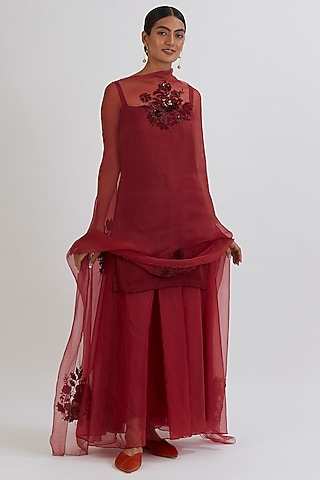 Maroon Organza Sharara Set by Peeli Dori