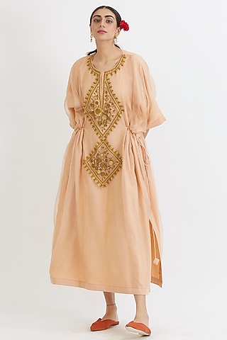 Pastel Peach Hand Embroidered Kaftan by Peeli Dori
