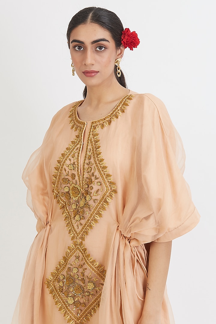 Pastel Peach Hand Embroidered Kaftan by Peeli Dori at Pernia's Pop Up Shop