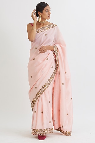 Powder Pink Hand Embroidered Saree Set by Peeli Dori