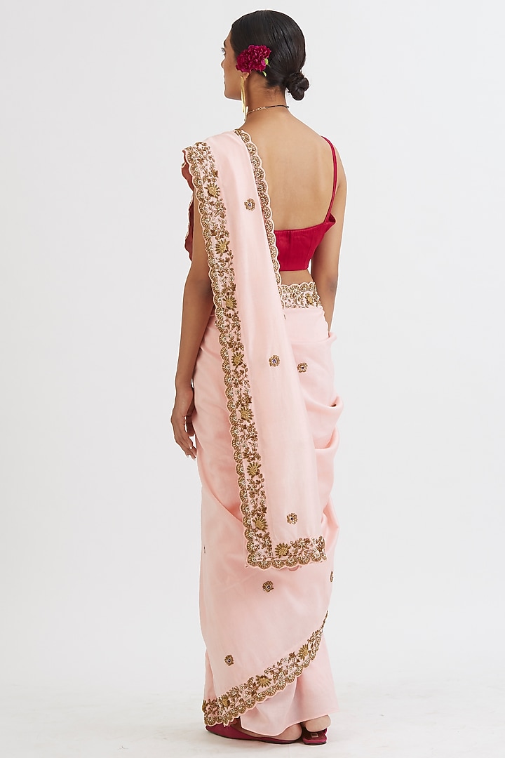 Powder Pink Hand Embroidered Party Wear Saree Set by Peeli Dori at Pernia's Pop Up Shop