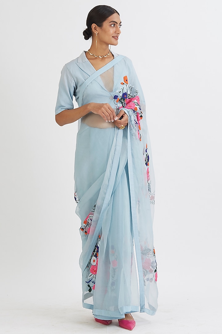 Powder Blue Hand Embroidered Saree Set by Peeli Dori