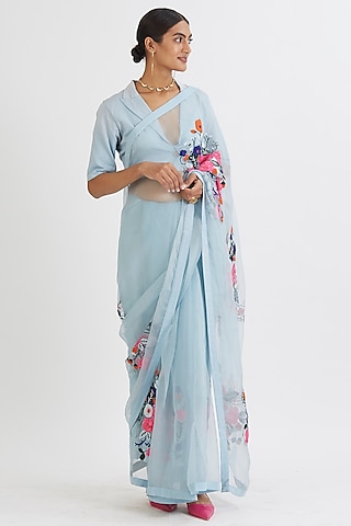 Powder Blue Hand Embroidered Saree Set by Peeli Dori