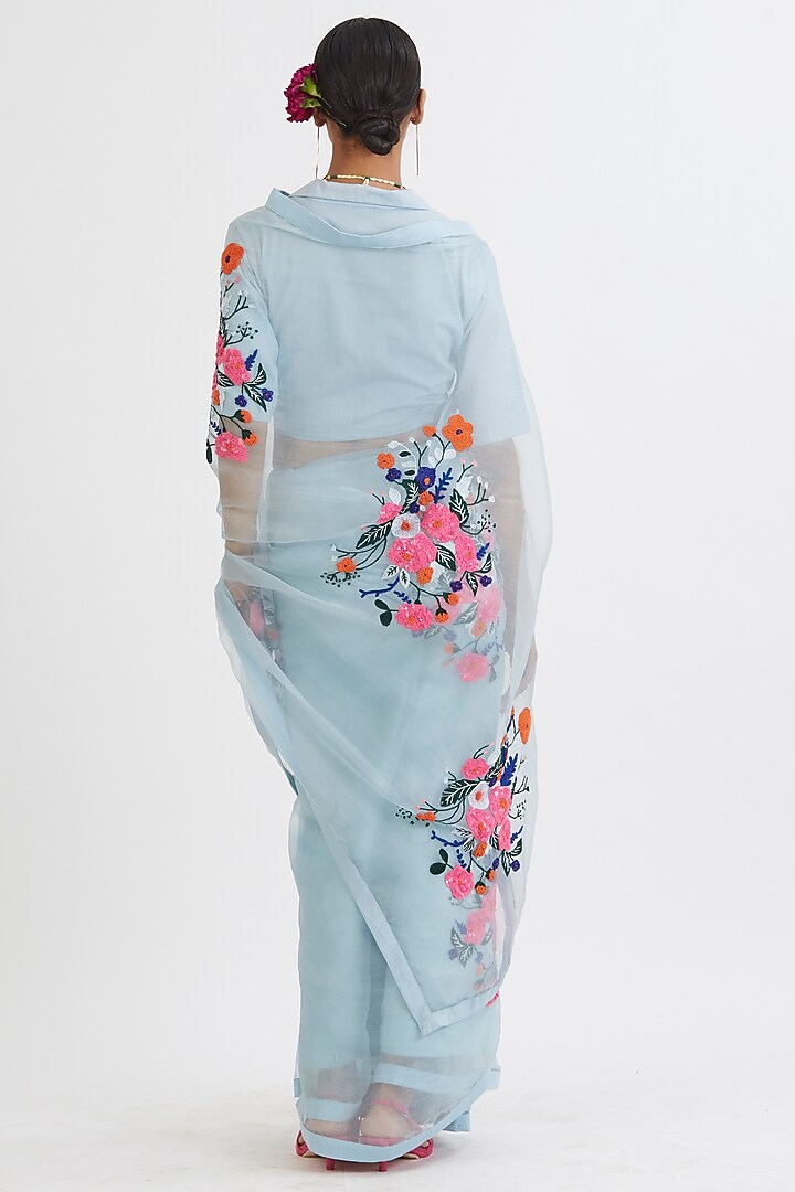 Powder Blue Hand Embroidered Party Wear Saree Set by Peeli Dori at Pernia's Pop Up Shop
