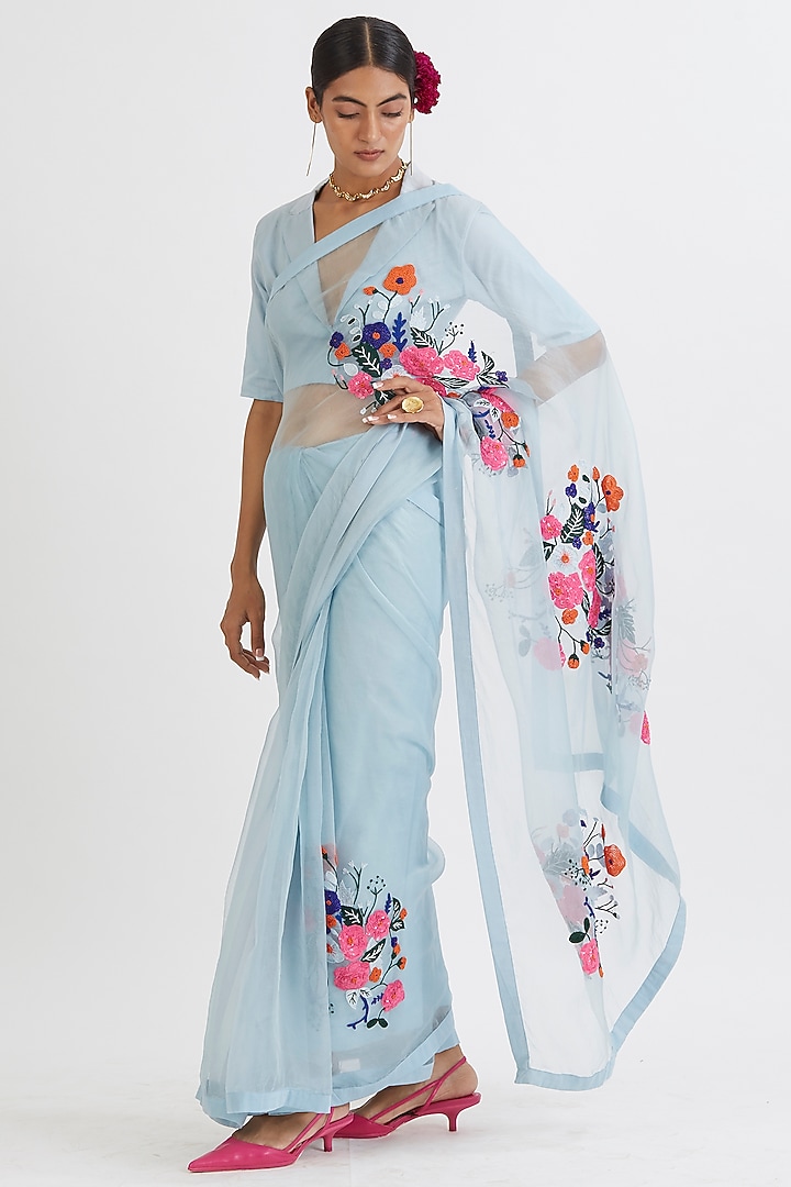 Powder Blue Hand Embroidered Party Wear Saree Set by Peeli Dori at Pernia's Pop Up Shop