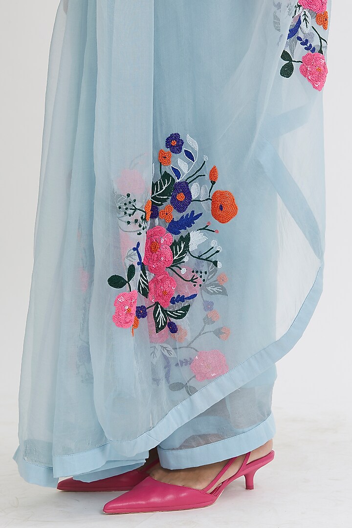 Powder Blue Hand Embroidered Party Wear Saree Set by Peeli Dori at Pernia's Pop Up Shop