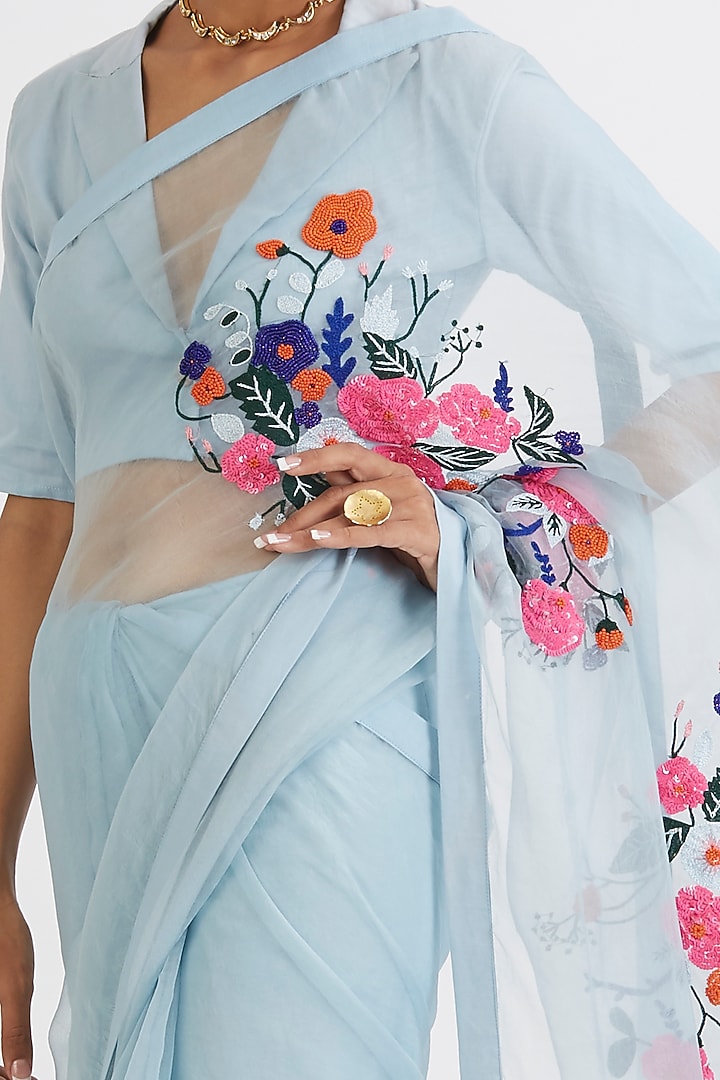 Powder Blue Hand Embroidered Party Wear Saree Set by Peeli Dori at Pernia's Pop Up Shop