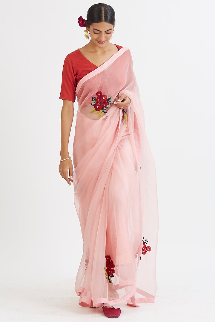 Pastel Pink Hand Embroidered Saree Set by Peeli Dori