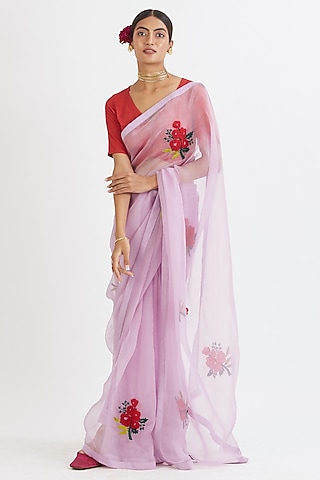 Lavender Hand Embroidered Saree Set by Peeli Dori