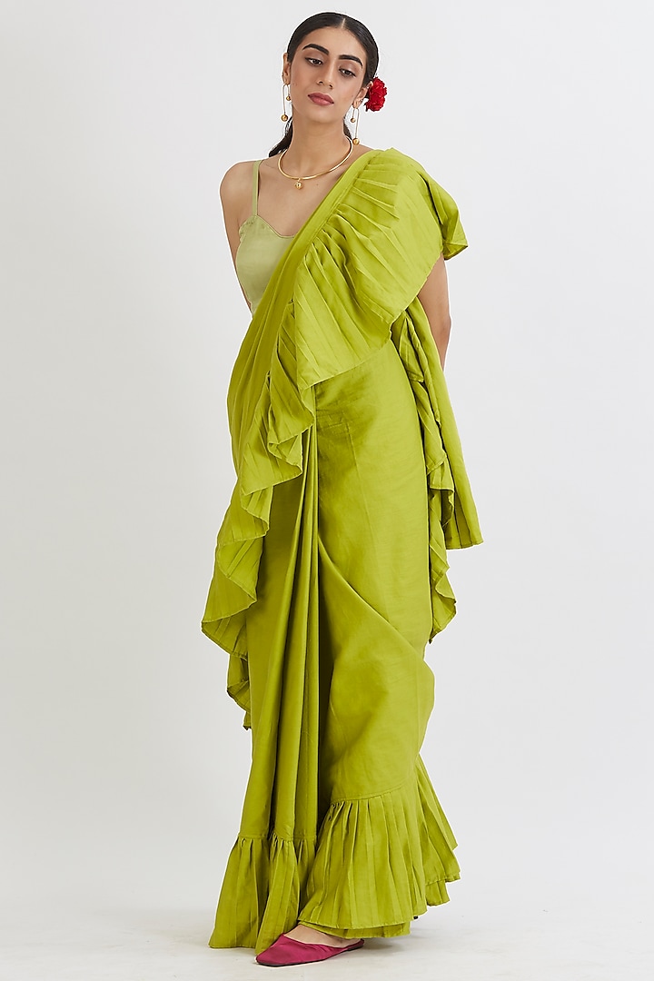 Lime Green Cotton Satin Ruffled Saree Set by Peeli Dori