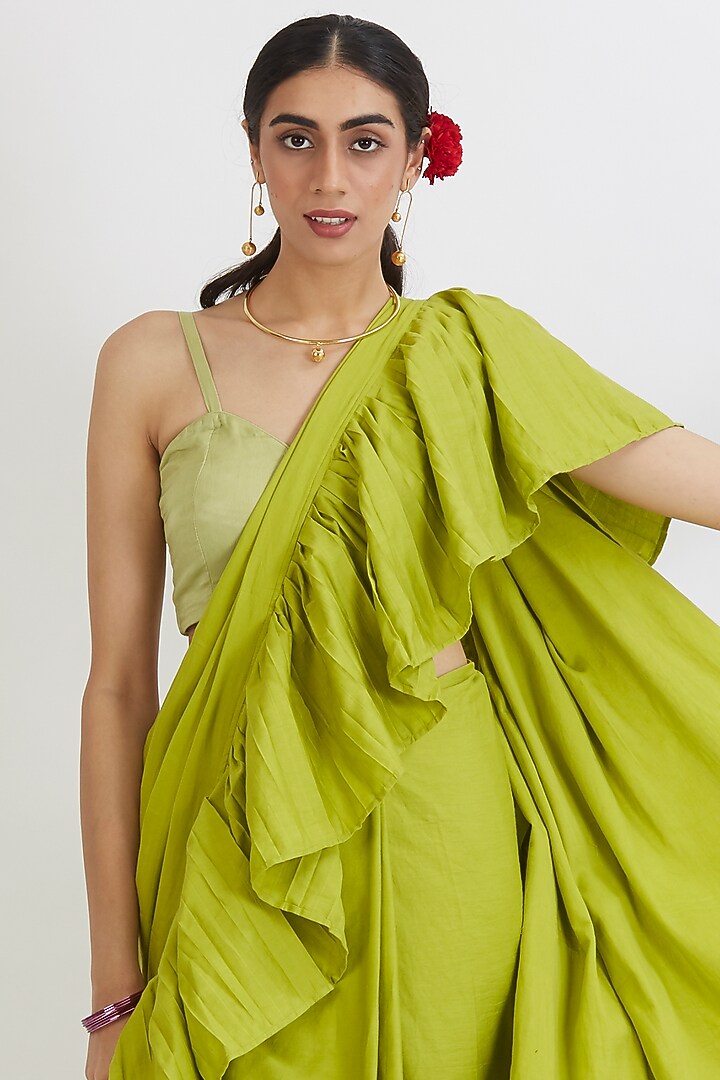 Lime Green Cotton Satin Ruffled Festive Saree Set by Peeli Dori at Pernia's Pop Up Shop