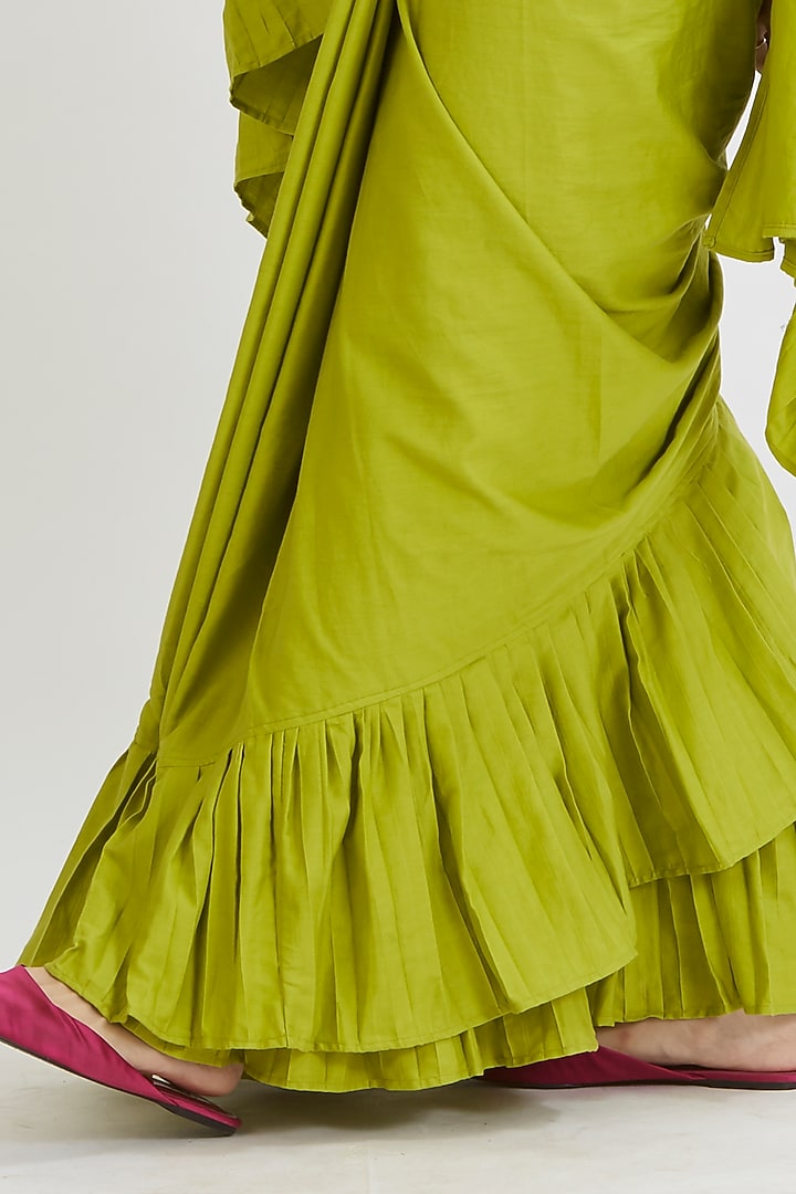 Lime Green Cotton Satin Ruffled Festive Saree Set by Peeli Dori at Pernia's Pop Up Shop