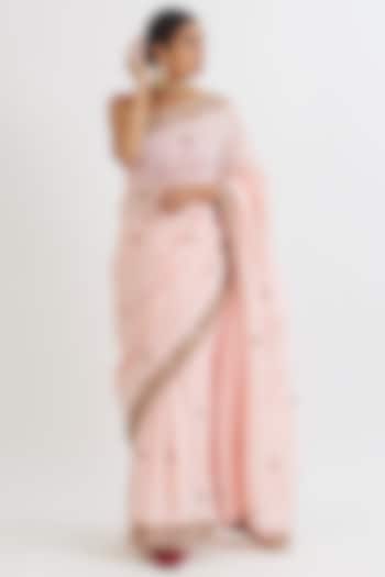 Powder Pink Hand Embroidered Saree Set by Peeli Dori
