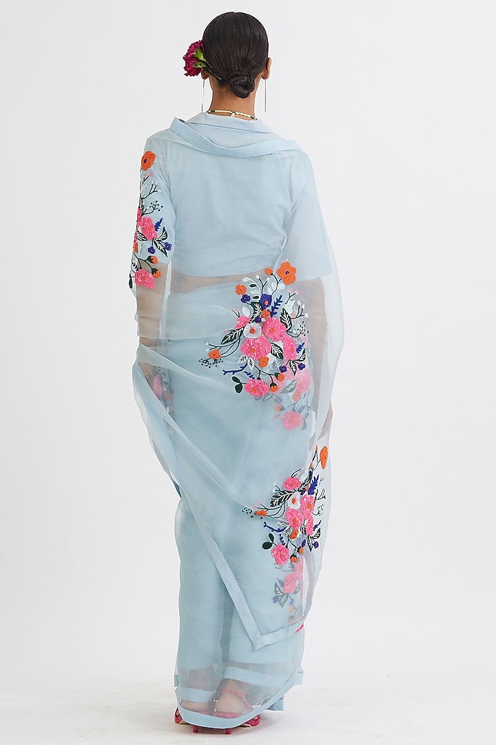 Powder Blue Sequins Embroidered Party Wear Saree Set by Peeli Dori at Pernia's Pop Up Shop